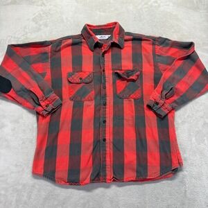 VTG Dakota Five Brother Shirt Men XL Red Black Buffalo Plaid Flannel Elbow Patch